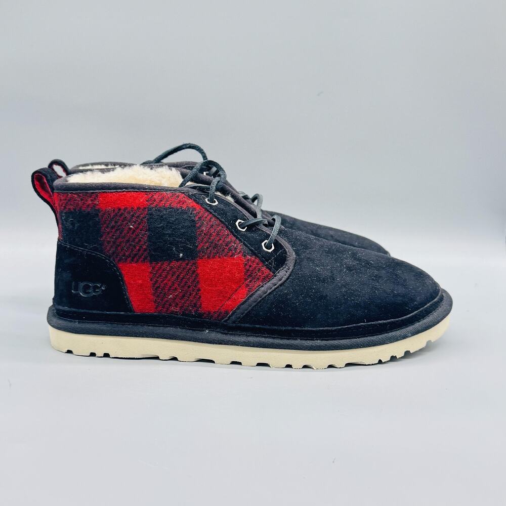 UGG Boots Mens 10 Black Suede Neumel Plaid Chukka Ankle Lace Up Lined Shoes